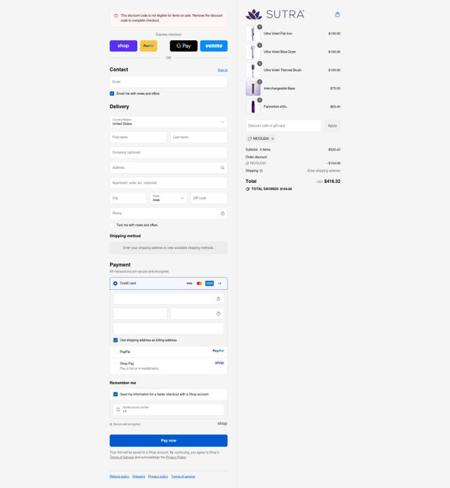 Sutra Beauty checkout page showing Sutra Beauty promo code box | Screenshot taken by SimplyCodes community member on Sep 11, 2025