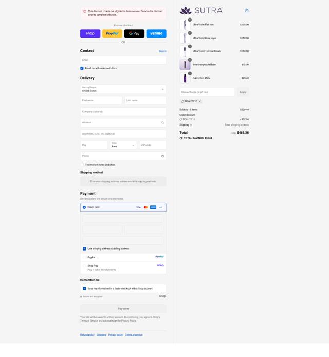 Sutra Beauty checkout page showing Sutra Beauty promo code box | Screenshot taken by SimplyCodes community member on Sep 11, 2025