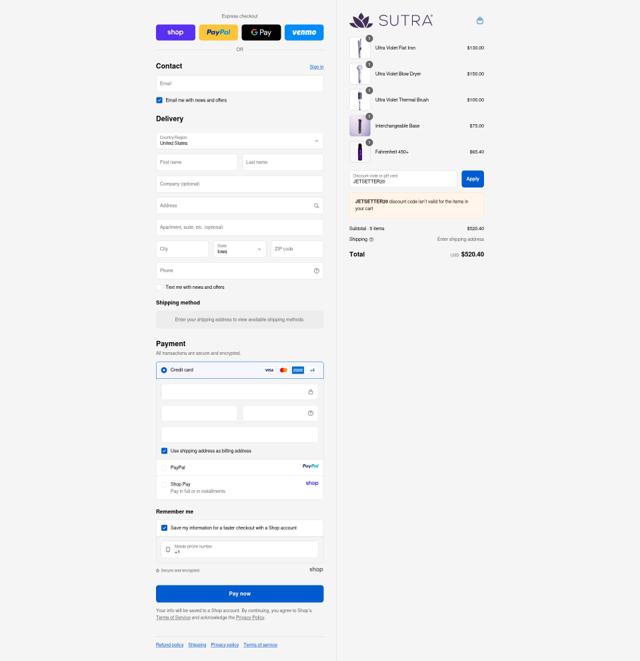 Sutra Beauty checkout page showing Sutra Beauty promo code box | Screenshot taken by SimplyCodes community member on Sep 11, 2025