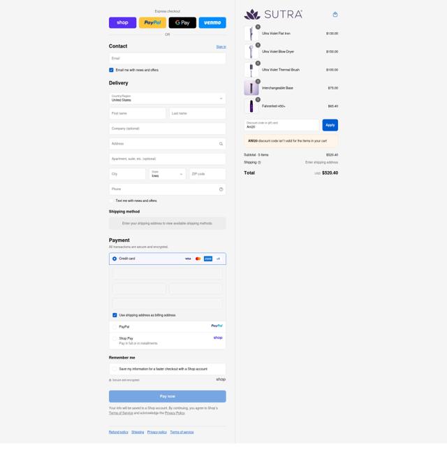 Sutra Beauty checkout page showing Sutra Beauty promo code box | Screenshot taken by SimplyCodes community member on Sep 11, 2025