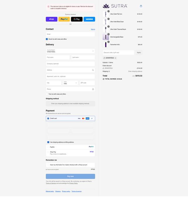Sutra Beauty checkout page showing Sutra Beauty promo code box | Screenshot taken by SimplyCodes community member on Sep 11, 2025