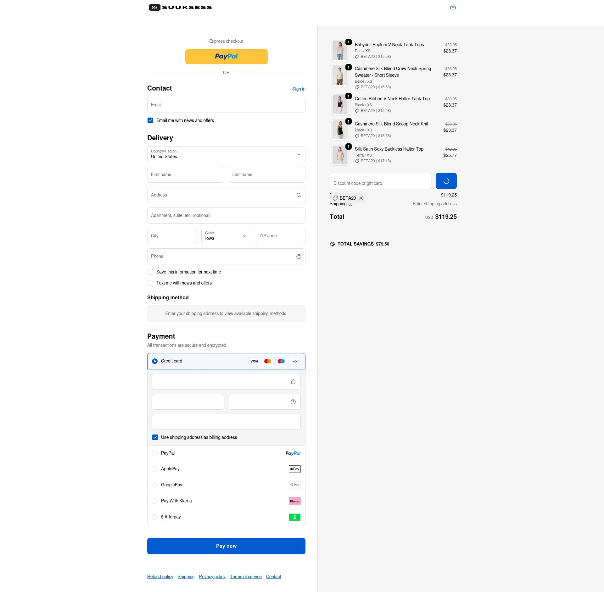 Suuksess checkout page showing Suuksess discount code box | Screenshot taken by SimplyCodes community member on Feb 12, 2026
