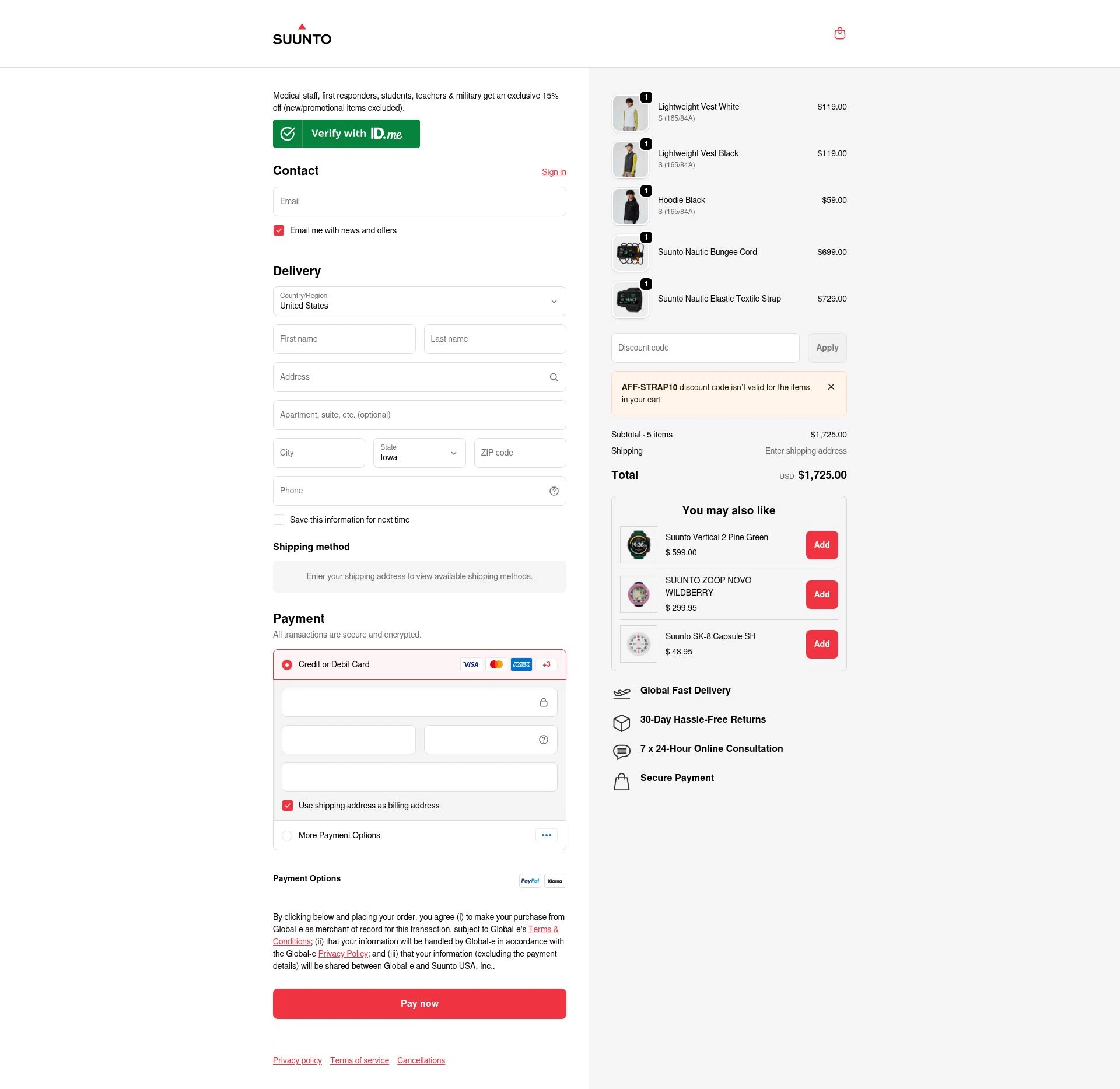 Suunto checkout page showing Suunto discount code box | Screenshot taken by SimplyCodes community member on Jan 9, 2026