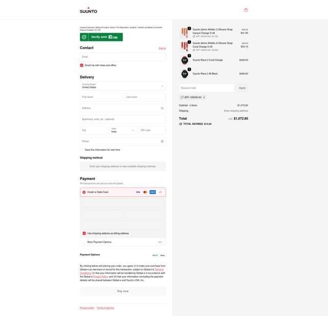 Suunto checkout page showing Suunto discount code box | Screenshot taken by SimplyCodes community member on Sep 22, 2025