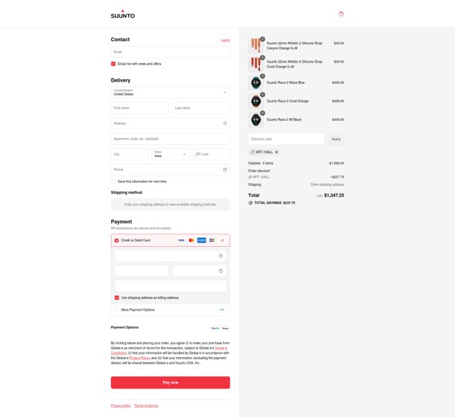 Suunto checkout page showing Suunto discount code box | Screenshot taken by SimplyCodes community member on Sep 5, 2025