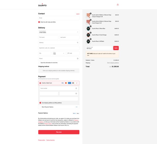 Suunto checkout page showing Suunto discount code box | Screenshot taken by SimplyCodes community member on Sep 5, 2025