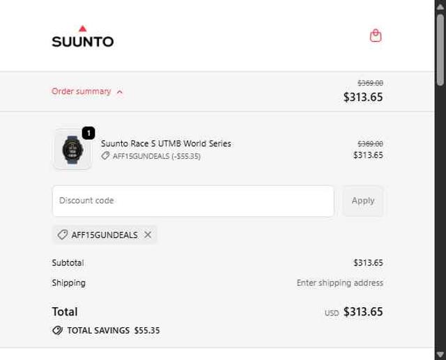 Suunto checkout page showing Suunto discount code box | Screenshot taken by SimplyCodes community member on Sep 25, 2025