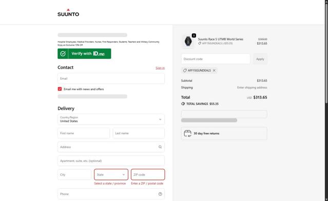 Suunto checkout page showing Suunto discount code box | Screenshot taken by SimplyCodes community member on Sep 23, 2025