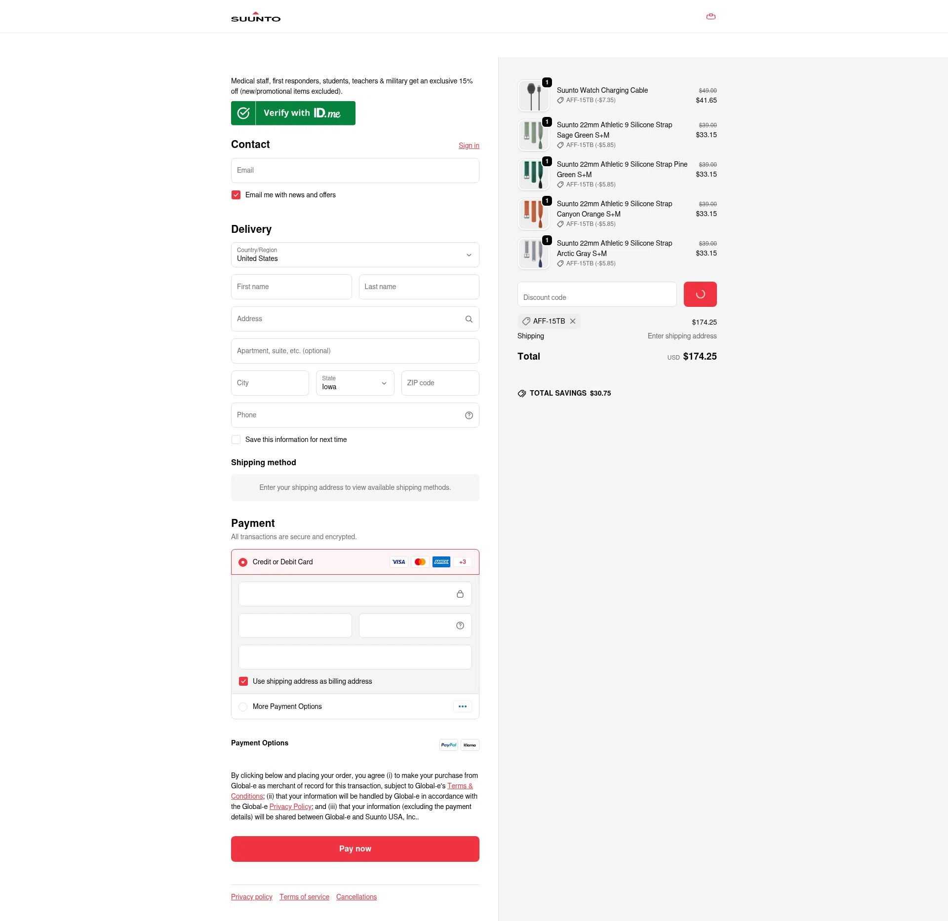 Suunto checkout page showing Suunto discount code box | Screenshot taken by SimplyCodes community member on Dec 19, 2025