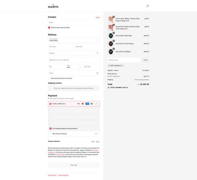 Suunto checkout page showing Suunto discount code box | Screenshot taken by SimplyCodes community member on Sep 5, 2025