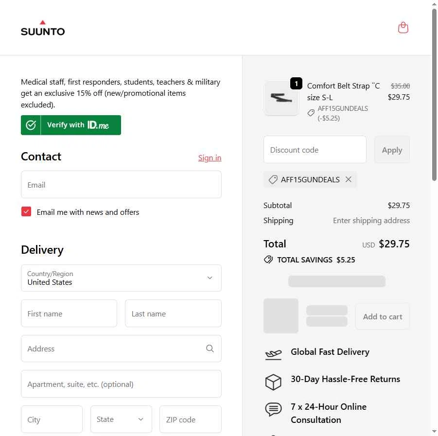 Suunto checkout page showing Suunto discount code box | Screenshot taken by SimplyCodes community member on Jan 9, 2026