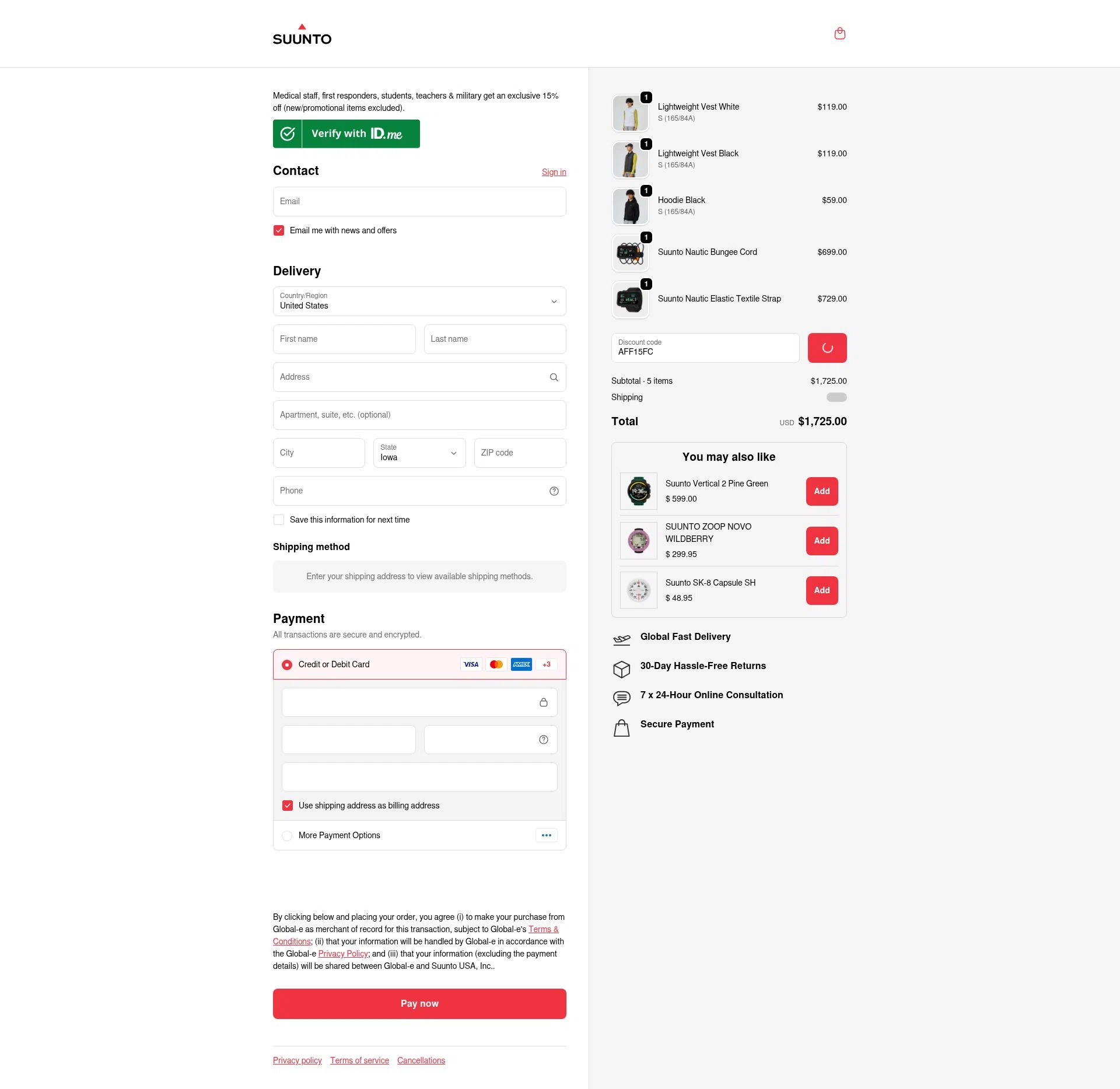 Suunto checkout page showing Suunto discount code box | Screenshot taken by SimplyCodes community member on Jan 9, 2026