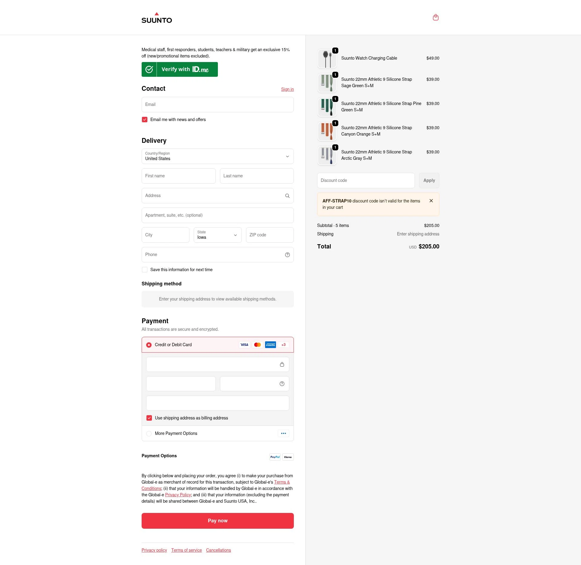Suunto checkout page showing Suunto discount code box | Screenshot taken by SimplyCodes community member on Dec 19, 2025