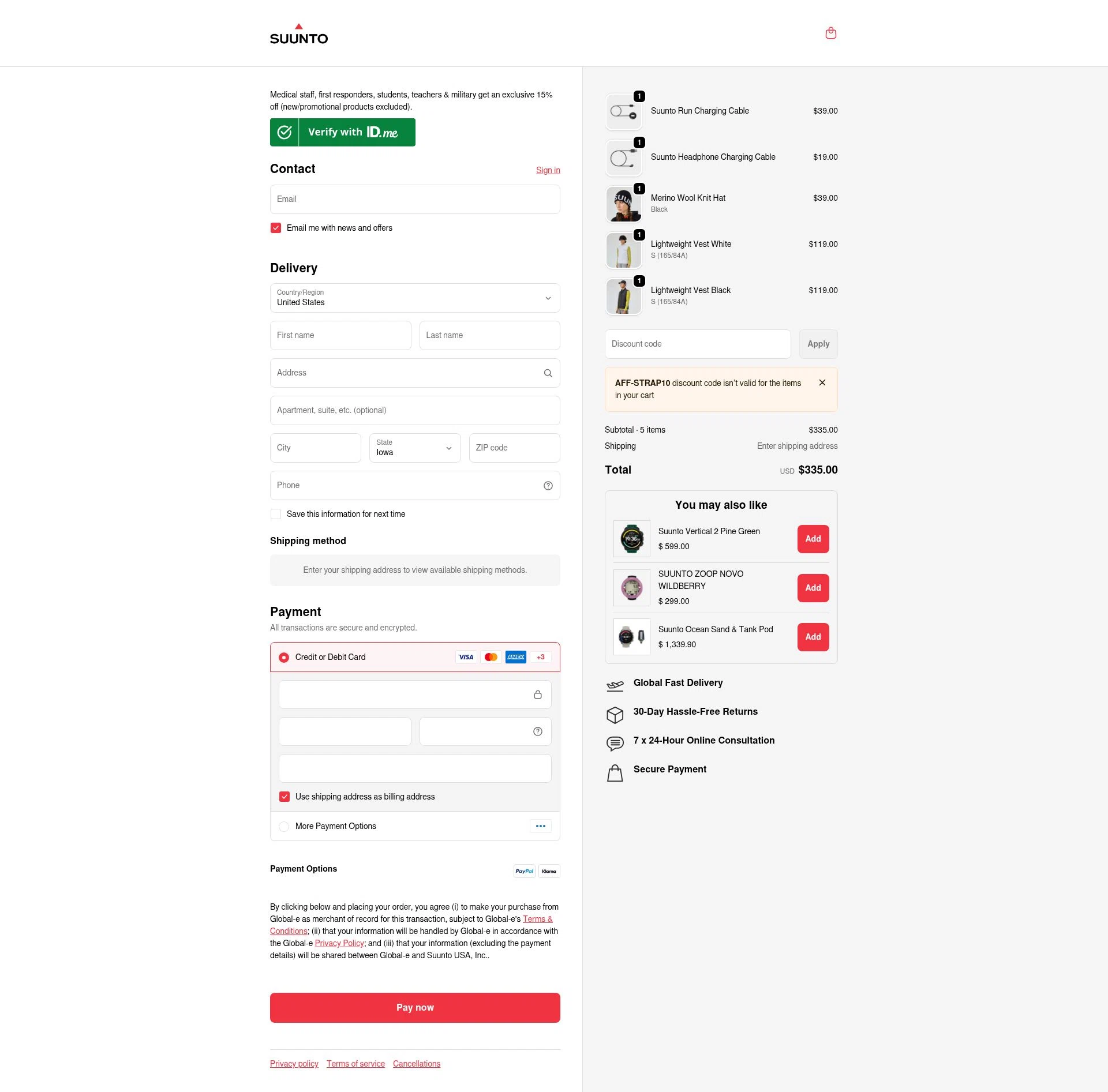 Suunto checkout page showing Suunto discount code box | Screenshot taken by SimplyCodes community member on Jan 28, 2026