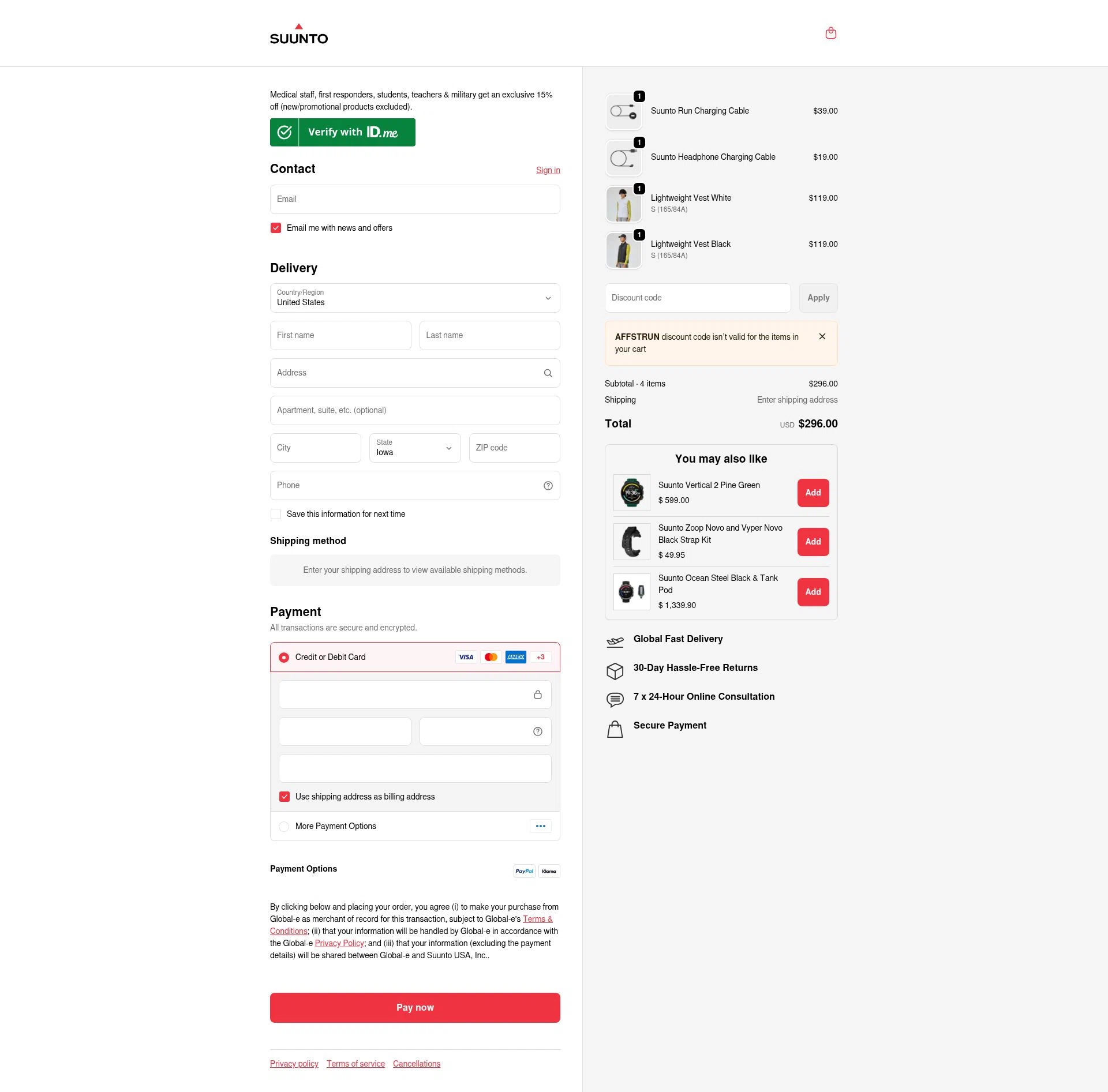 Suunto checkout page showing Suunto discount code box | Screenshot taken by SimplyCodes community member on Feb 19, 2026