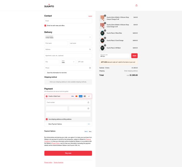 Suunto checkout page showing Suunto discount code box | Screenshot taken by SimplyCodes community member on Sep 5, 2025