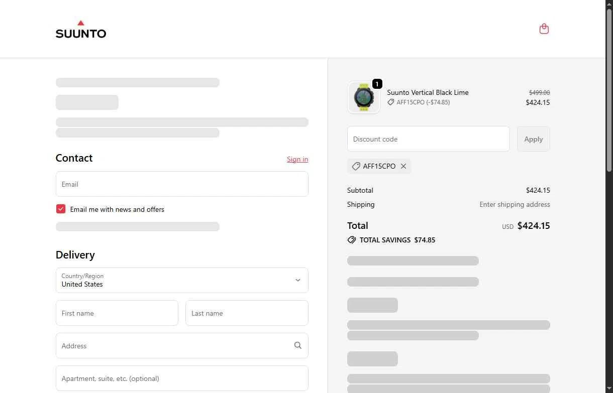 Suunto checkout page showing Suunto discount code box | Screenshot taken by SimplyCodes community member on Feb 20, 2026