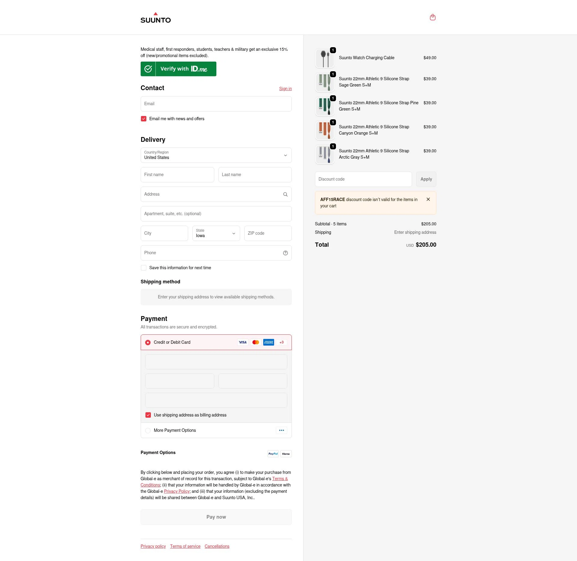 Suunto checkout page showing Suunto discount code box | Screenshot taken by SimplyCodes community member on Dec 19, 2025