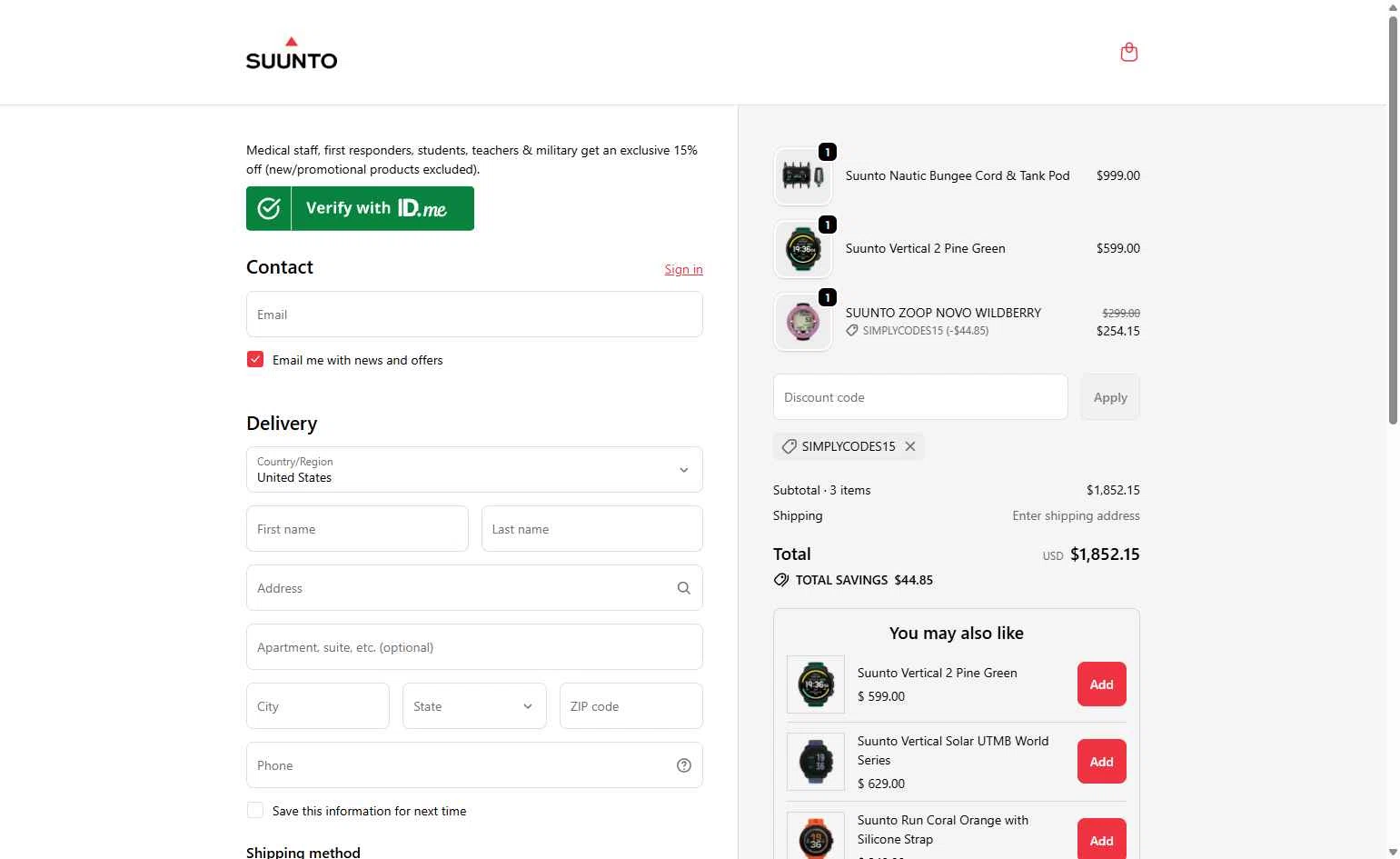 Suunto checkout page showing Suunto discount code box | Screenshot taken by SimplyCodes community member on Jan 30, 2026