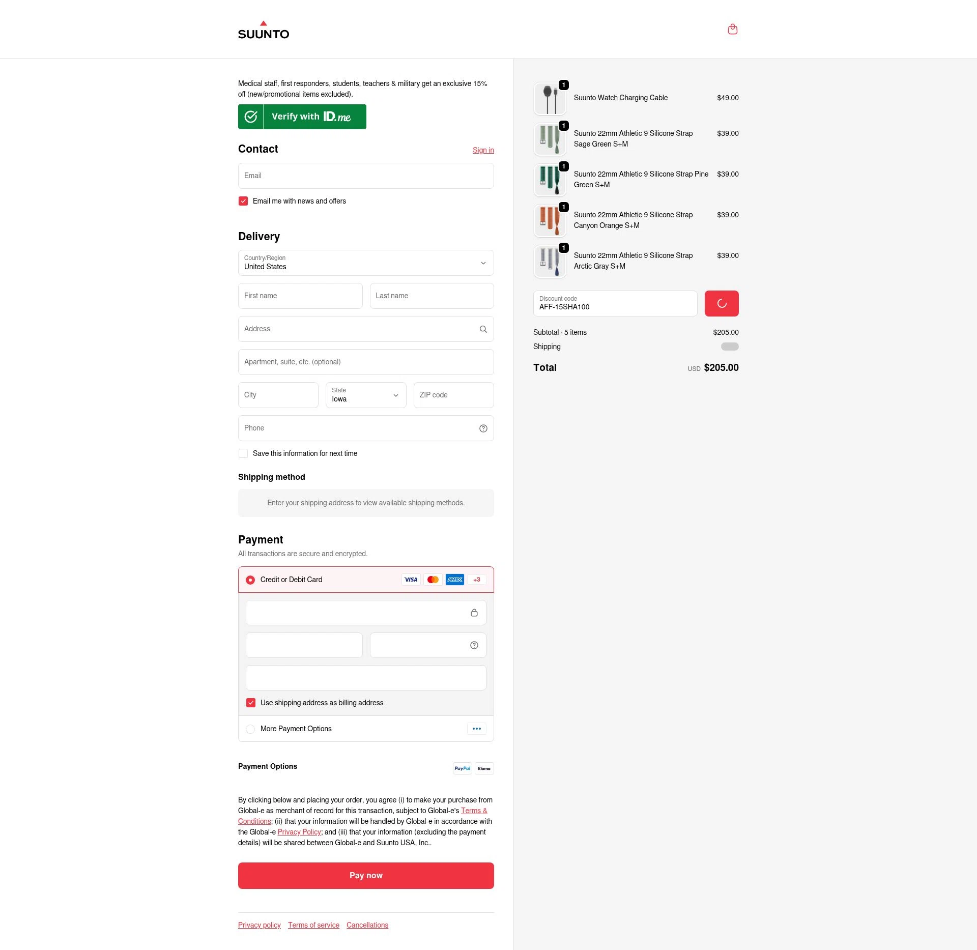 Suunto checkout page showing Suunto discount code box | Screenshot taken by SimplyCodes community member on Dec 19, 2025