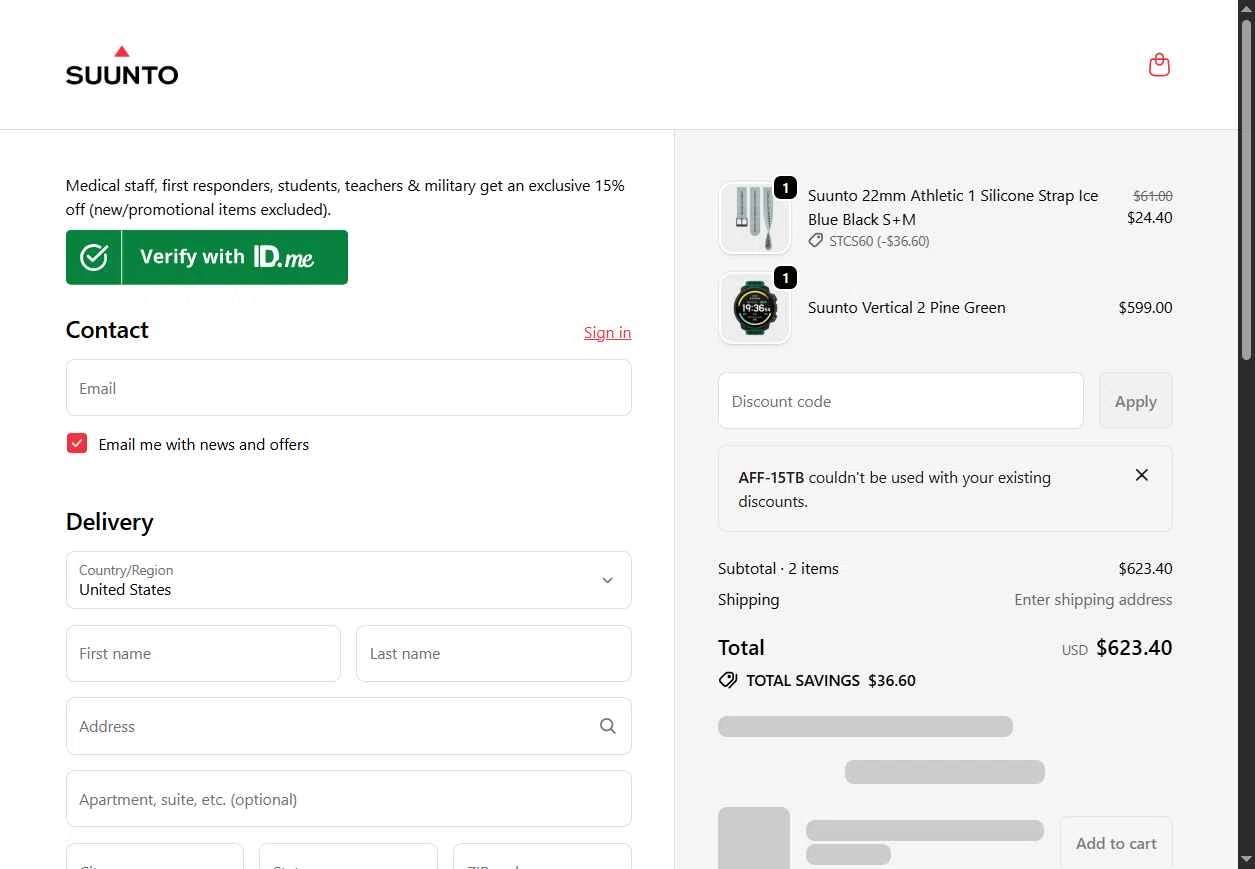 Suunto checkout page showing Suunto discount code box | Screenshot taken by SimplyCodes community member on Jan 9, 2026