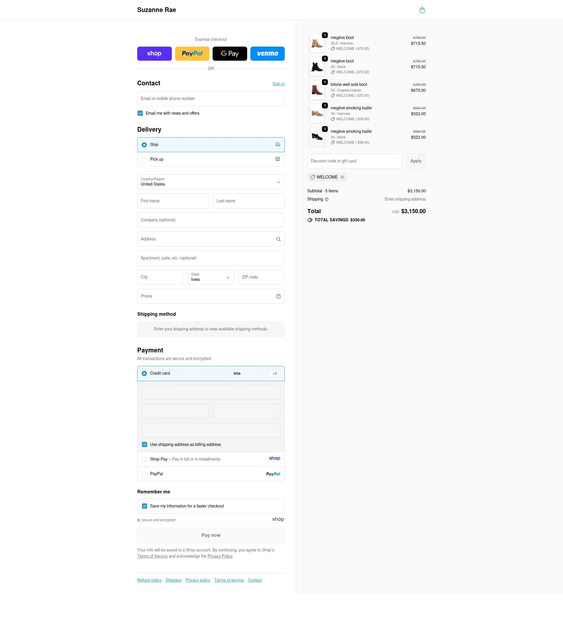 Suzanne Rae checkout page showing Suzanne Rae promo code box | Screenshot taken by SimplyCodes community member on Dec 26, 2025