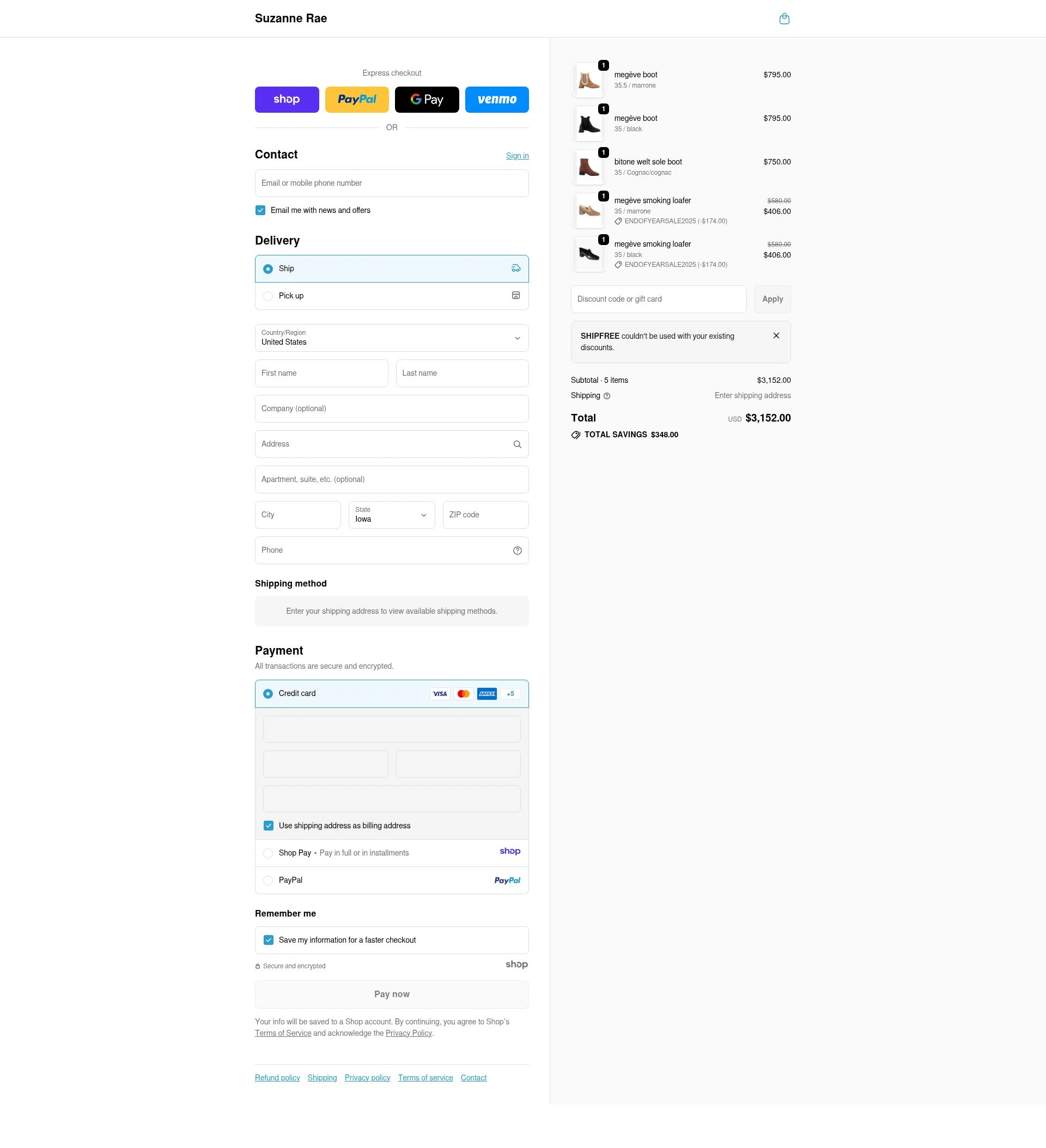 Suzanne Rae checkout page showing Suzanne Rae promo code box | Screenshot taken by SimplyCodes community member on Dec 31, 2025