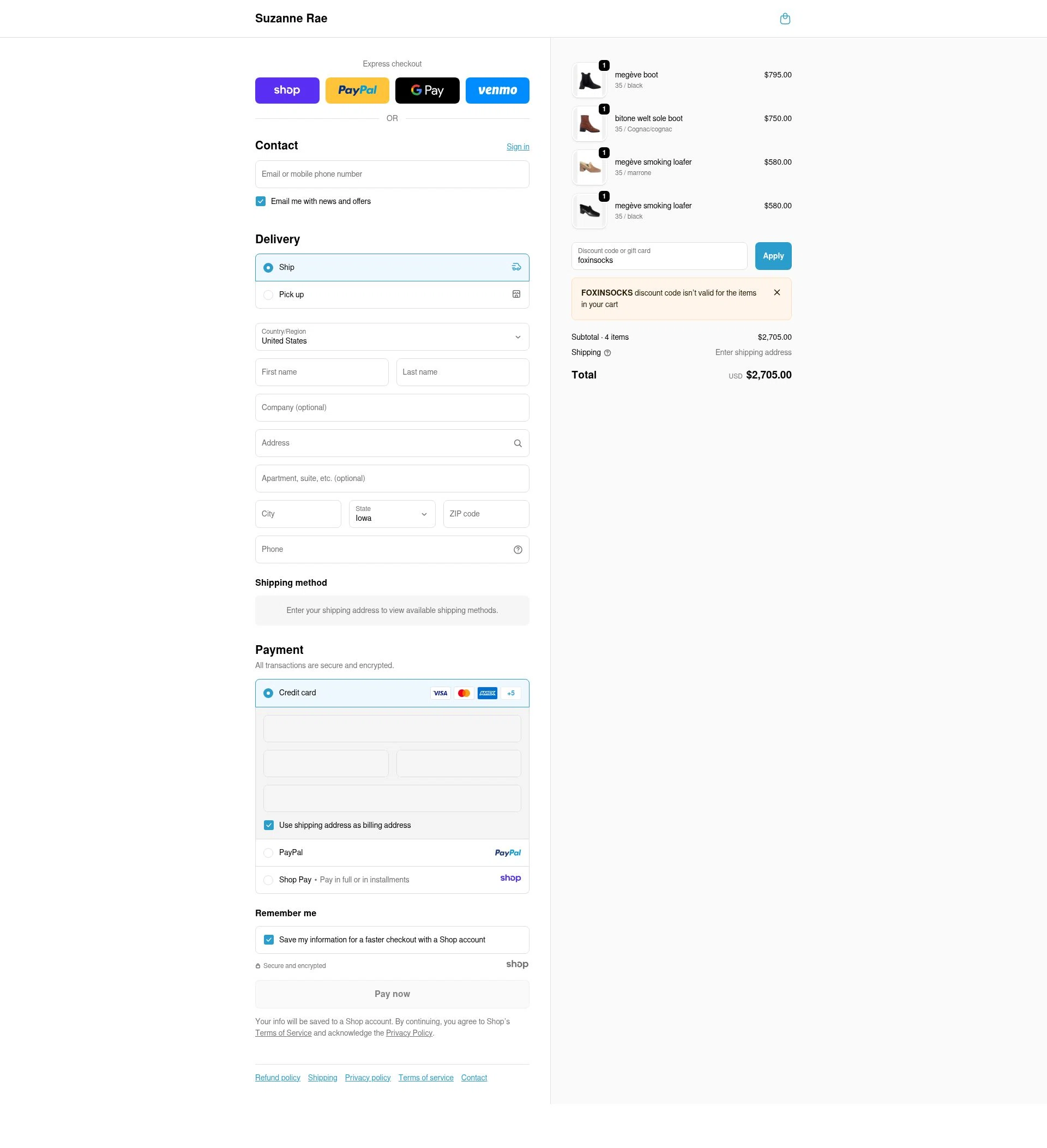 Suzanne Rae checkout page showing Suzanne Rae promo code box | Screenshot taken by SimplyCodes community member on Dec 9, 2025