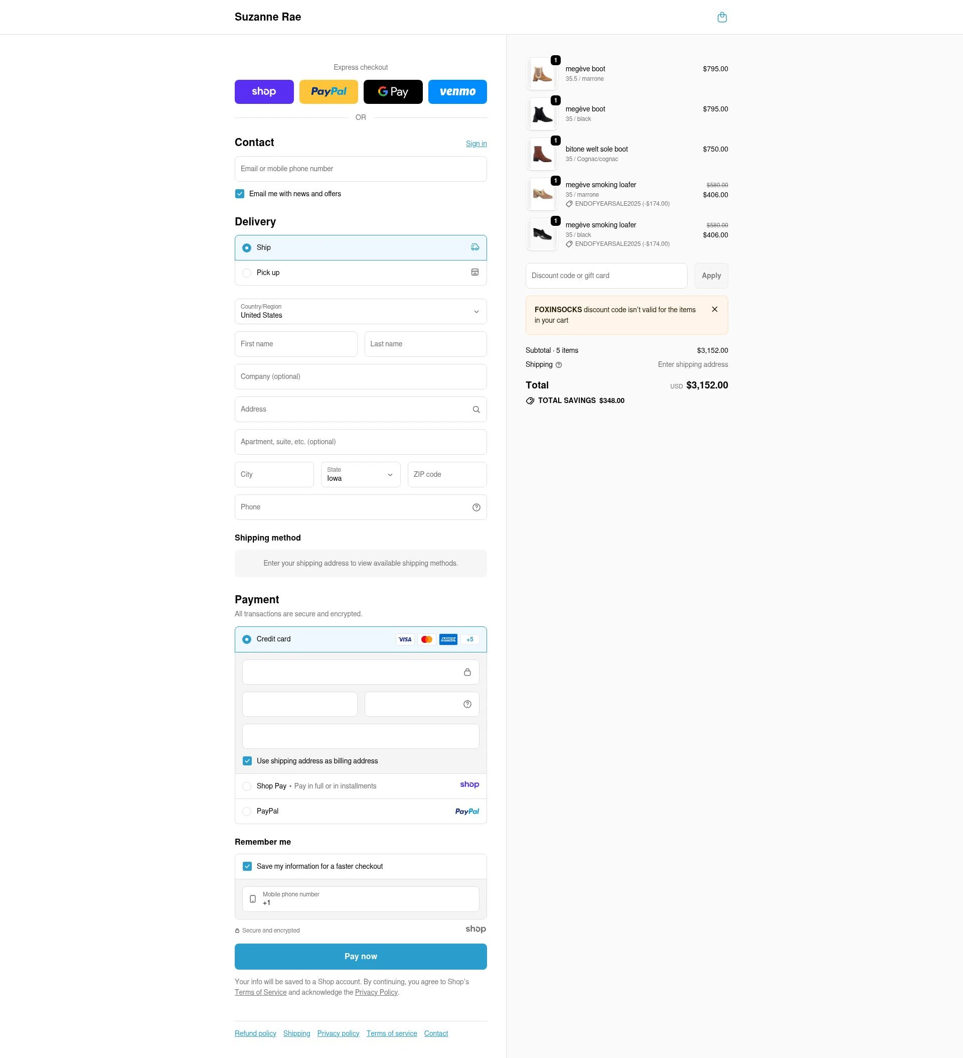 Suzanne Rae checkout page showing Suzanne Rae promo code box | Screenshot taken by SimplyCodes community member on Dec 26, 2025
