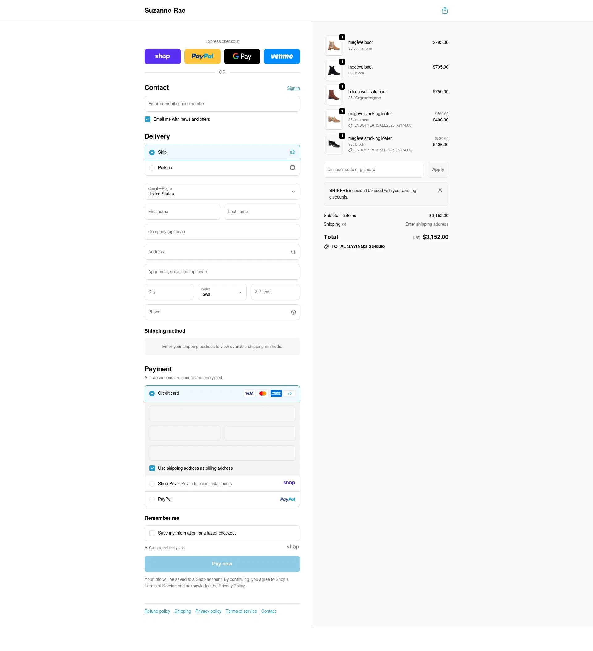 Suzanne Rae checkout page showing Suzanne Rae promo code box | Screenshot taken by SimplyCodes community member on Dec 26, 2025