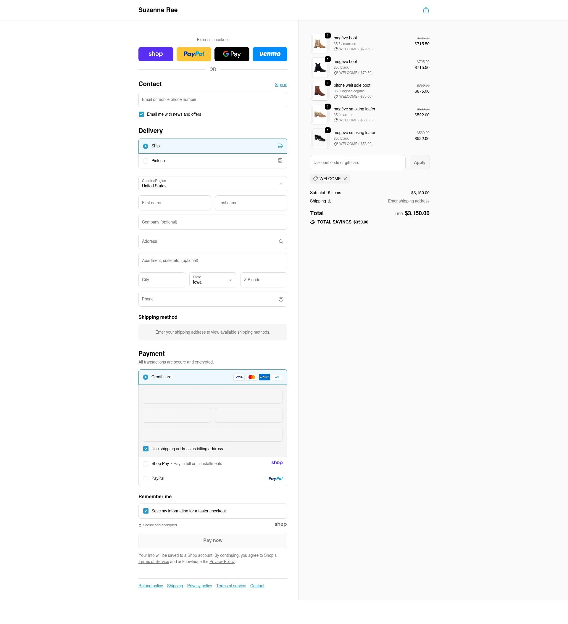 Suzanne Rae checkout page showing Suzanne Rae promo code box | Screenshot taken by SimplyCodes community member on Dec 31, 2025