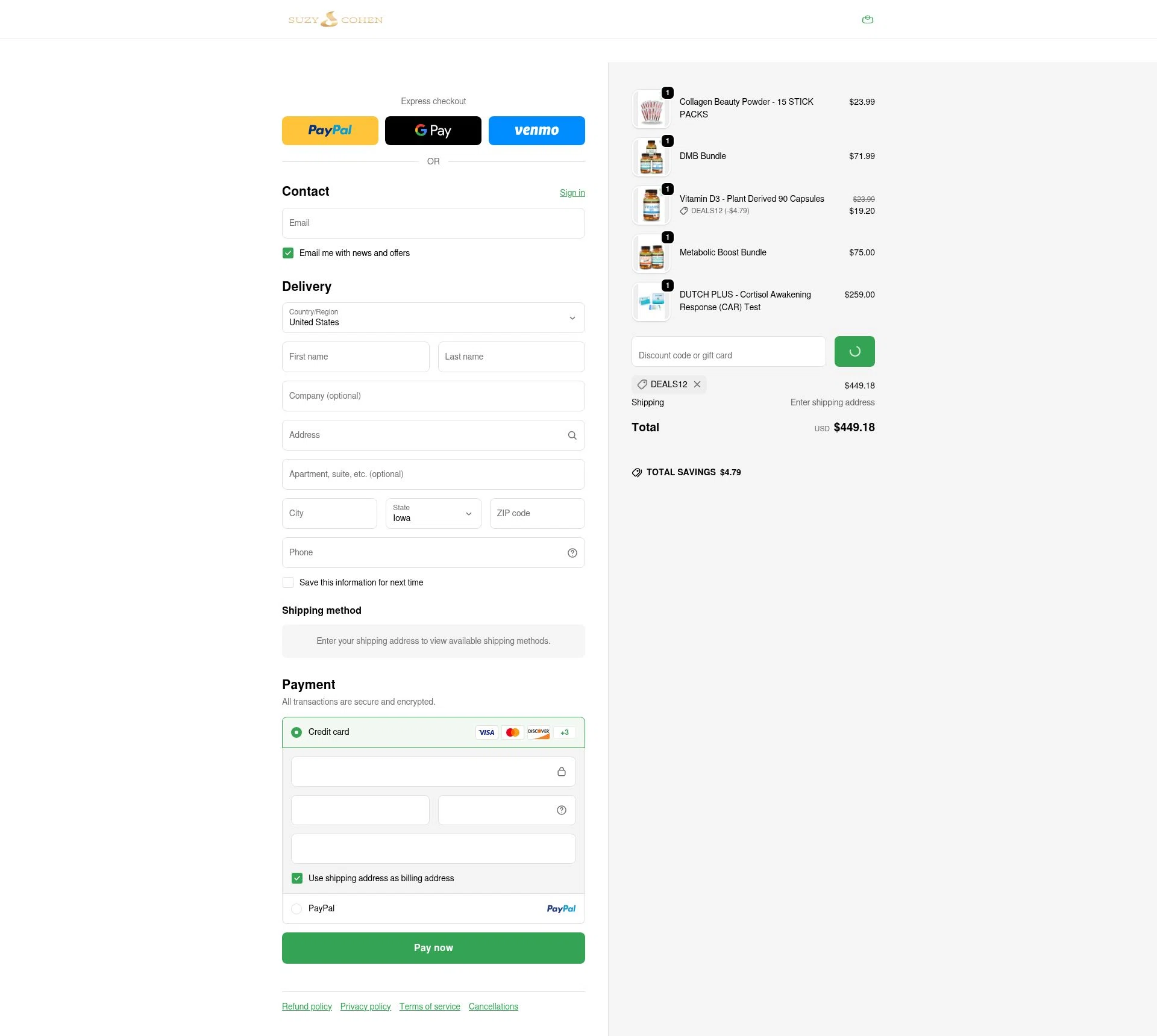 Suzy Cohen checkout page showing Suzy Cohen discount code box | Screenshot taken by SimplyCodes community member on Jan 2, 2026