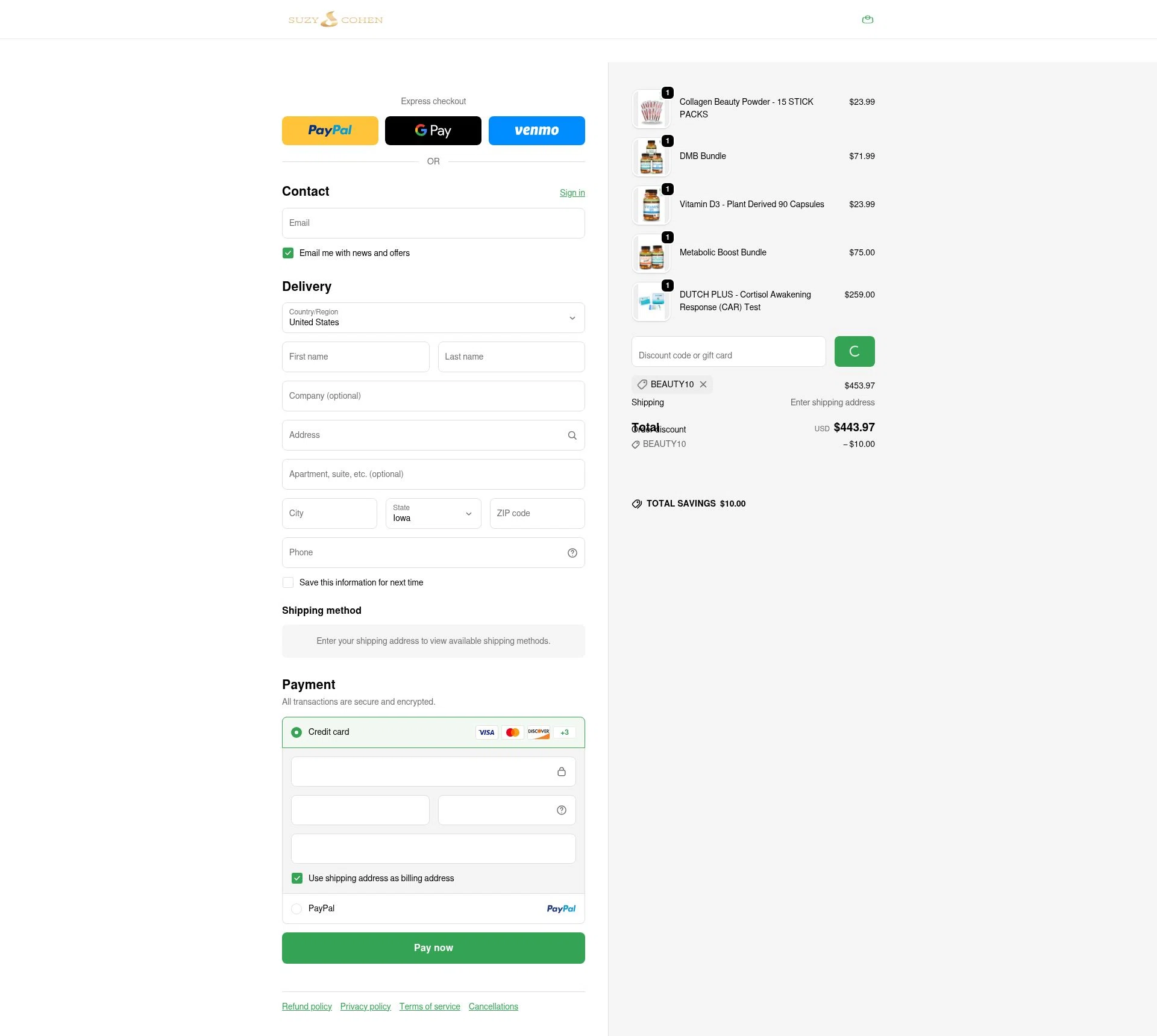 Suzy Cohen checkout page showing Suzy Cohen discount code box | Screenshot taken by SimplyCodes community member on Jan 2, 2026