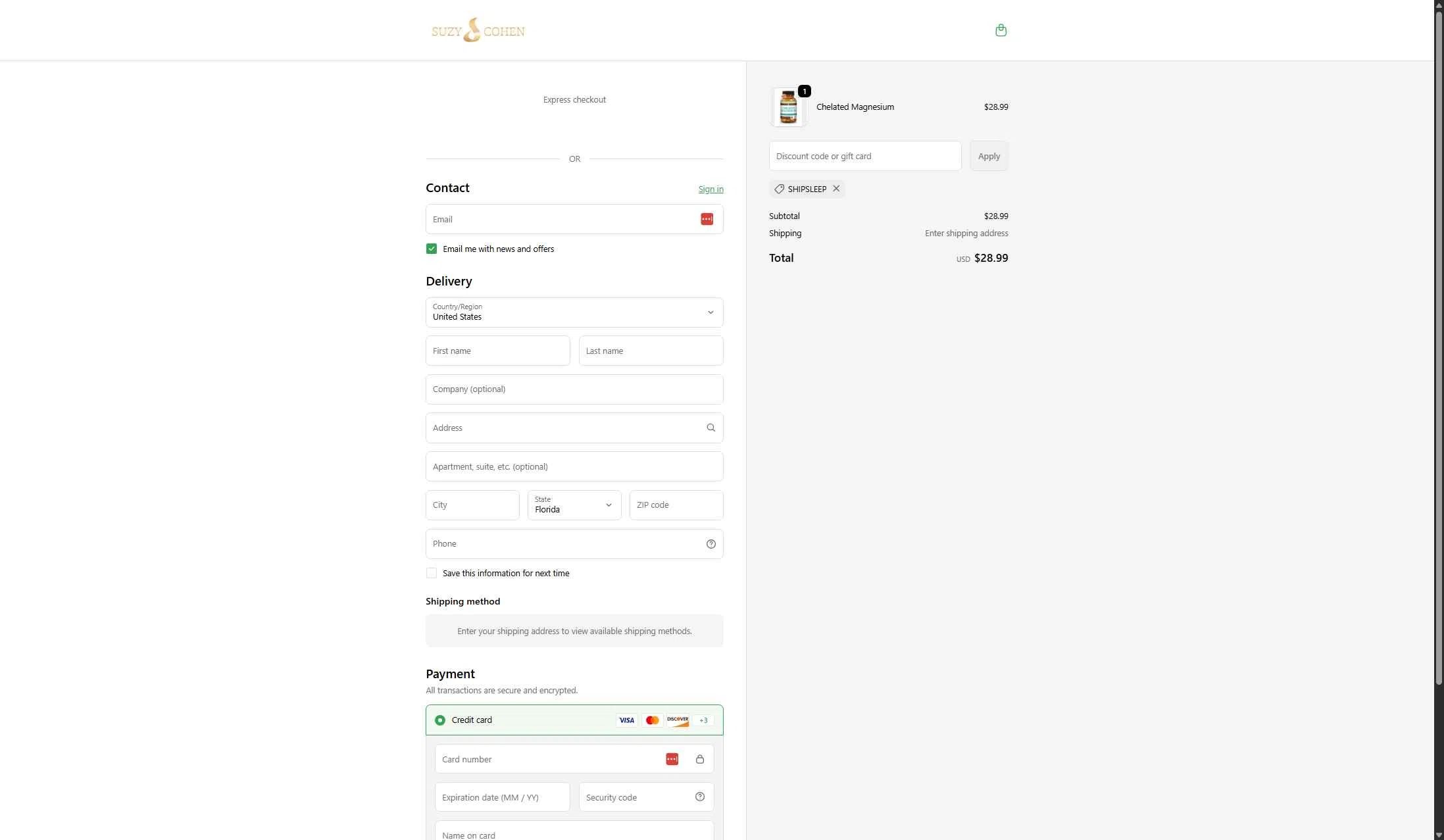Suzy Cohen checkout page showing Suzy Cohen discount code box | Screenshot taken by SimplyCodes community member on Jan 2, 2026