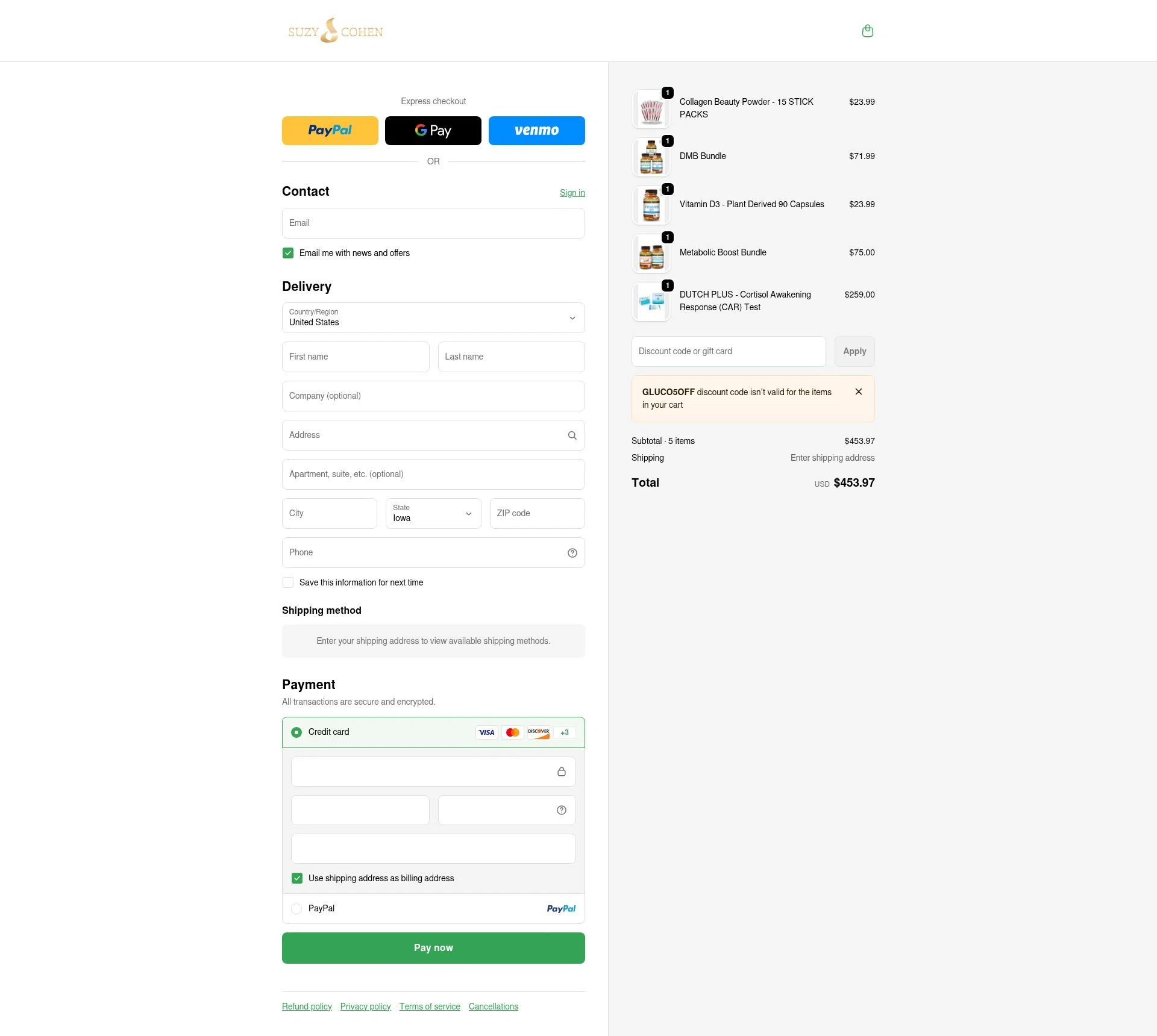 Suzy Cohen checkout page showing Suzy Cohen discount code box | Screenshot taken by SimplyCodes community member on Jan 2, 2026