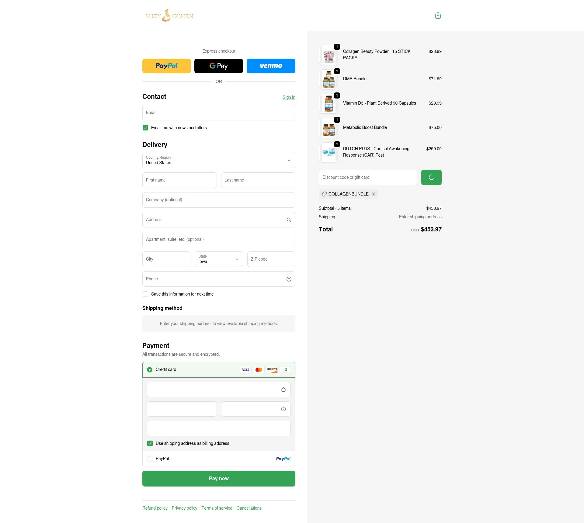 Suzy Cohen checkout page showing Suzy Cohen discount code box | Screenshot taken by SimplyCodes community member on Jan 2, 2026