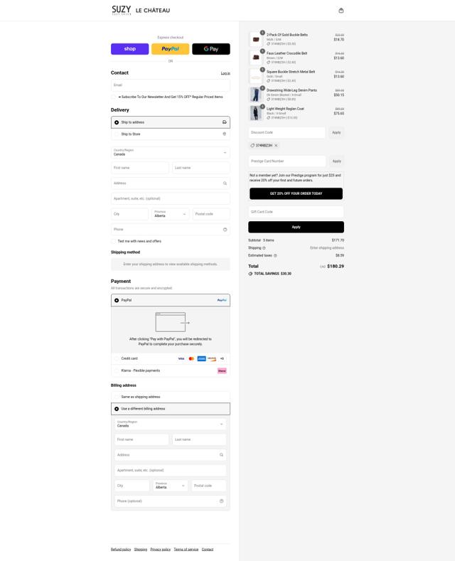 Suzy Shier checkout page showing Suzy Shier coupon code box | Screenshot taken by SimplyCodes community member on Sep 3, 2025