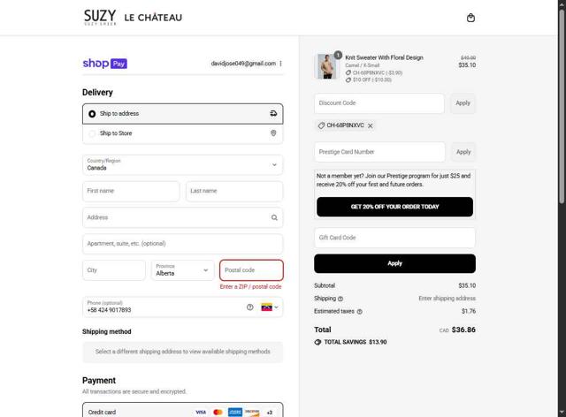 Suzy Shier checkout page showing Suzy Shier coupon code box | Screenshot taken by SimplyCodes community member on Aug 25, 2025