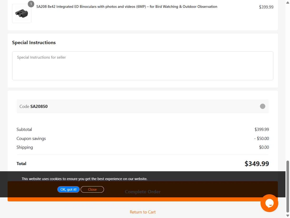 Svbony checkout page showing Svbony coupon code box | Screenshot taken by SimplyCodes community member on Nov 8, 2025