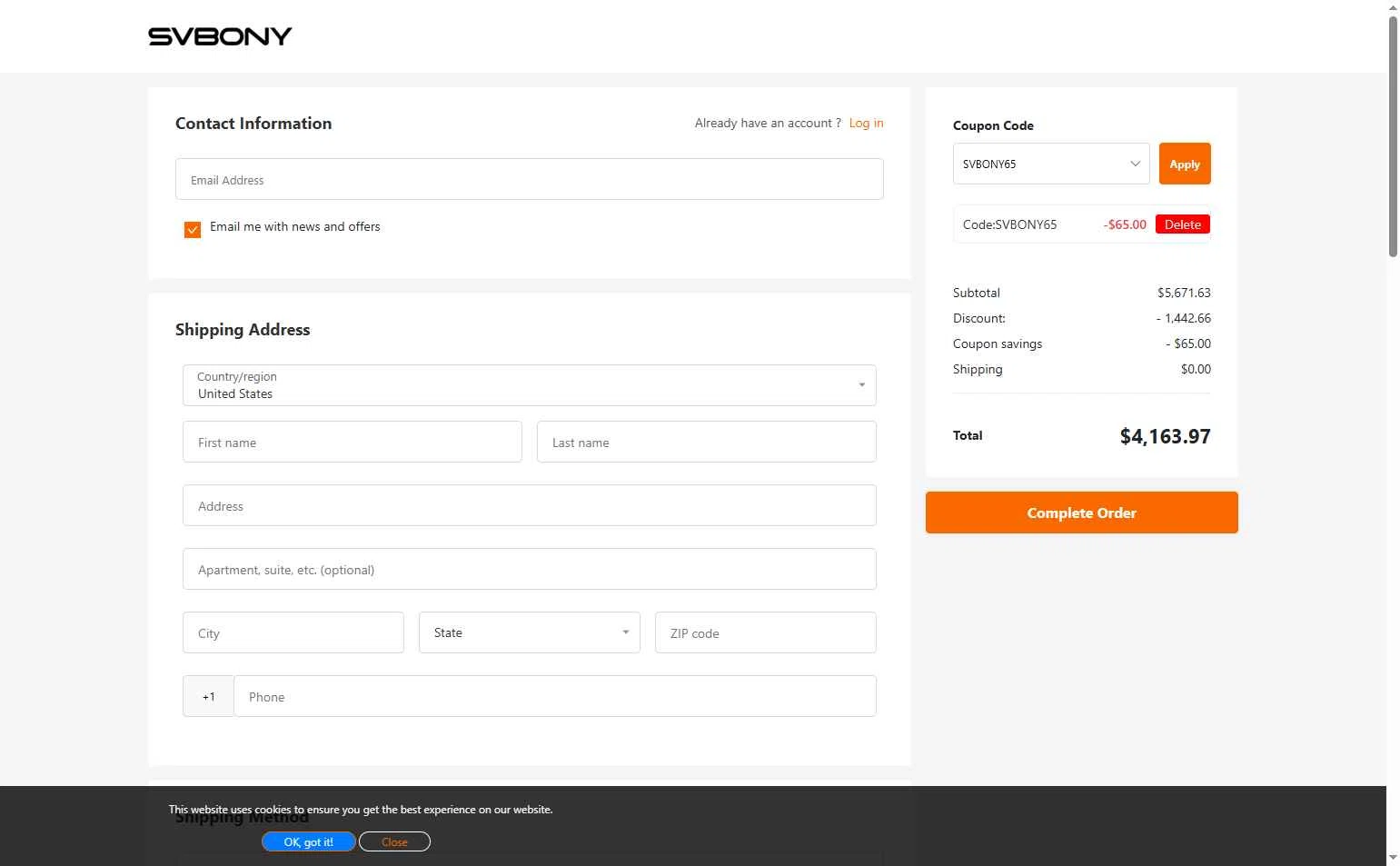 Svbony checkout page showing Svbony coupon code box | Screenshot taken by SimplyCodes community member on Jan 29, 2026