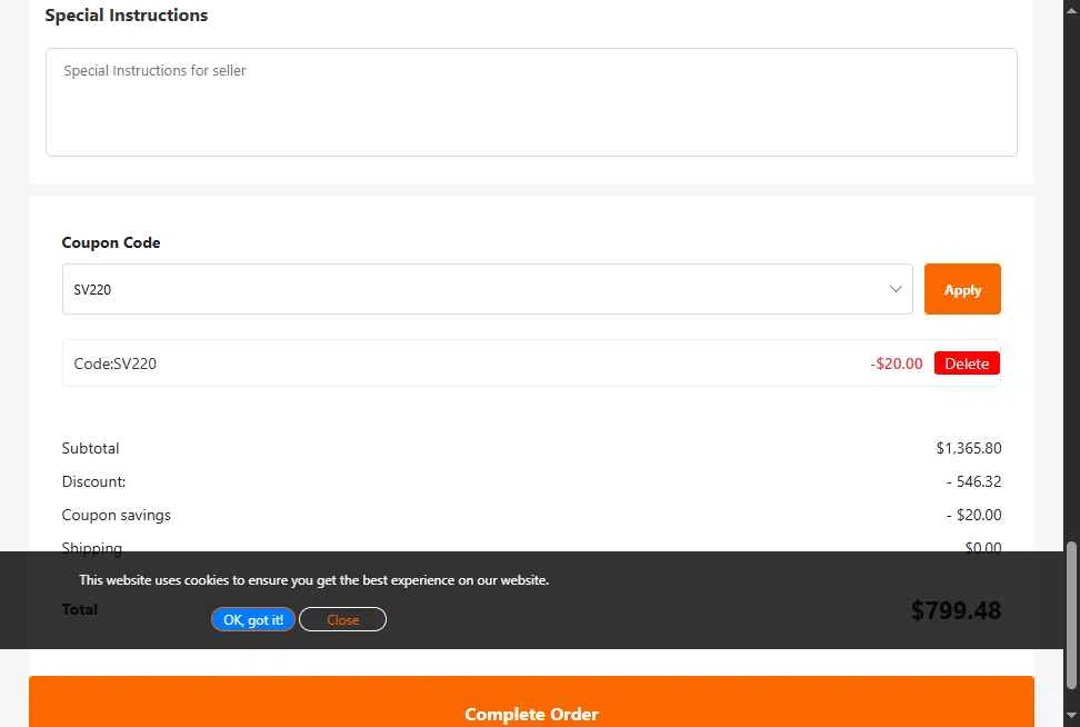 Svbony checkout page showing Svbony coupon code box | Screenshot taken by SimplyCodes community member on Feb 11, 2026