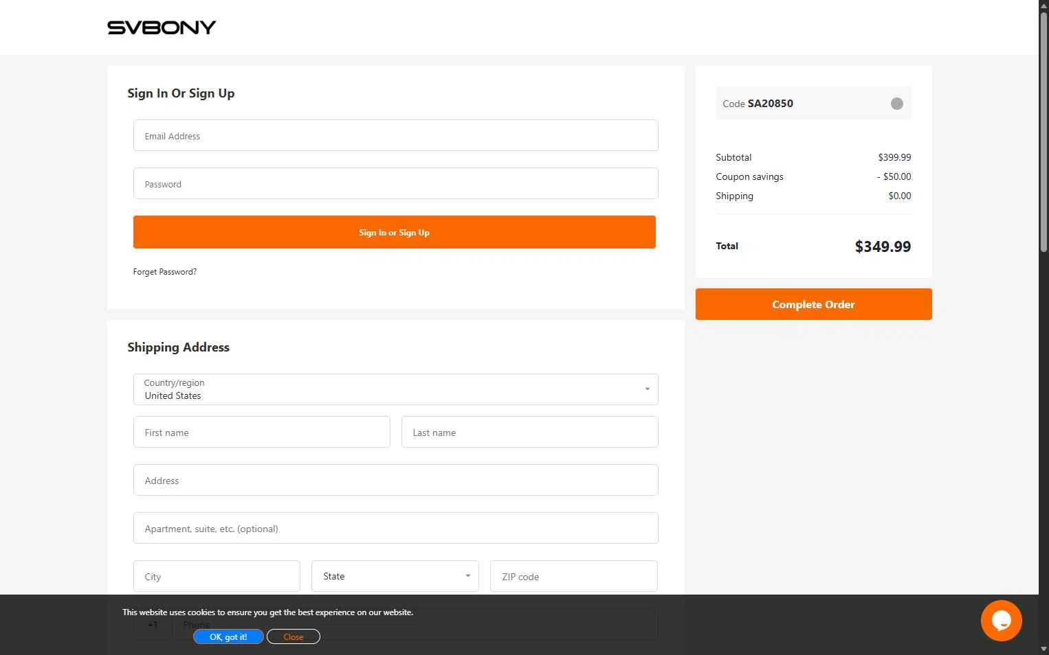 Svbony checkout page showing Svbony coupon code box | Screenshot taken by SimplyCodes community member on Nov 8, 2025