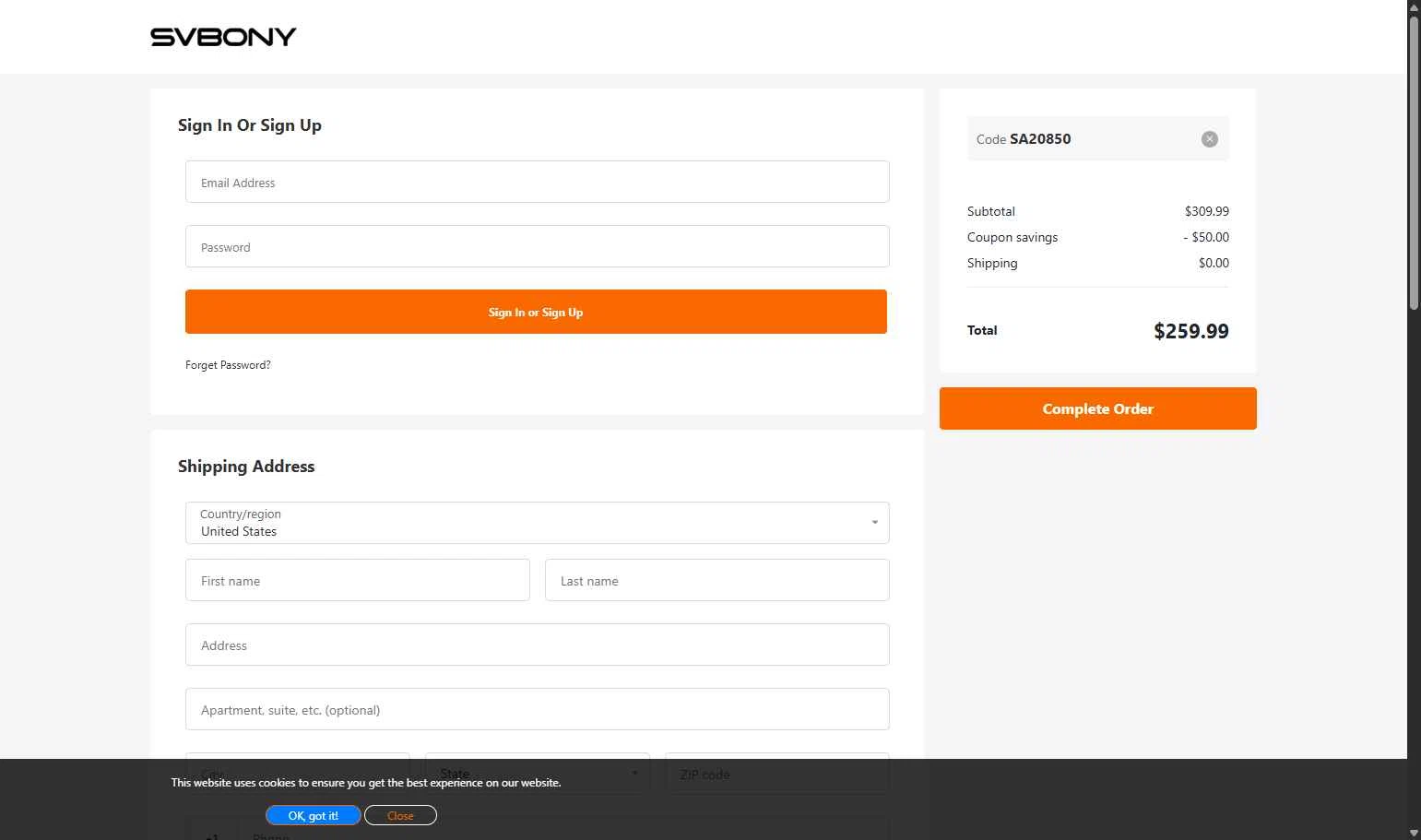 Svbony checkout page showing Svbony coupon code box | Screenshot taken by SimplyCodes community member on Dec 7, 2025