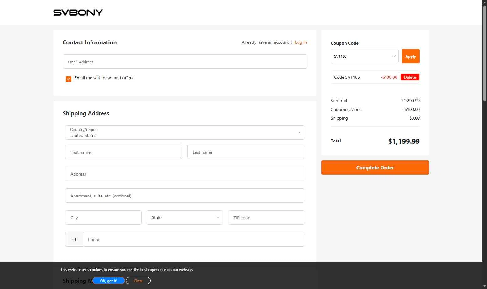 Svbony checkout page showing Svbony coupon code box | Screenshot taken by SimplyCodes community member on Feb 11, 2026