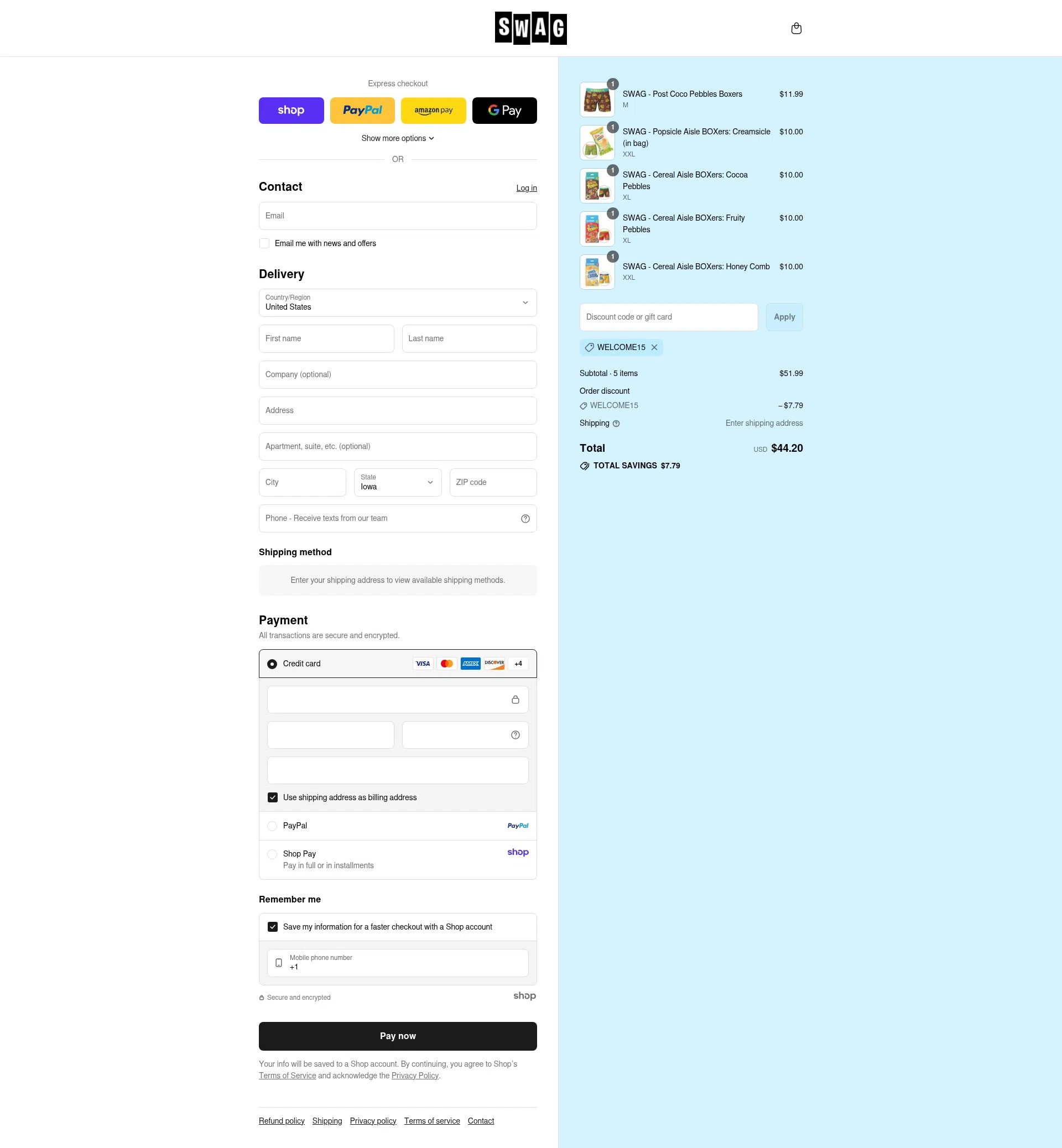 SWAG Boxers checkout page showing SWAG Boxers discount code box | Screenshot taken by SimplyCodes community member on Sep 8, 2025