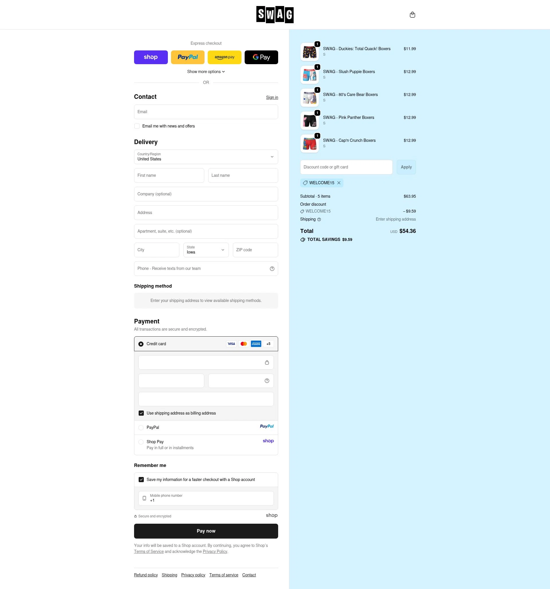 SWAG Boxers checkout page showing SWAG Boxers discount code box | Screenshot taken by SimplyCodes community member on Oct 14, 2025