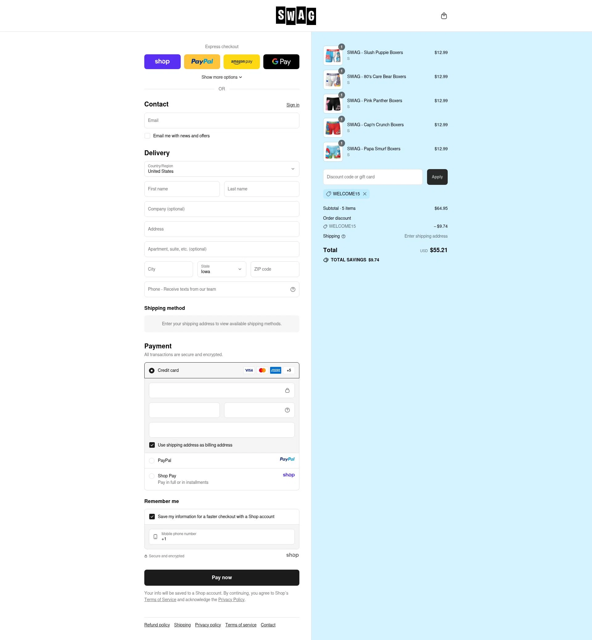 SWAG Boxers checkout page showing SWAG Boxers discount code box | Screenshot taken by SimplyCodes community member on Sep 12, 2025