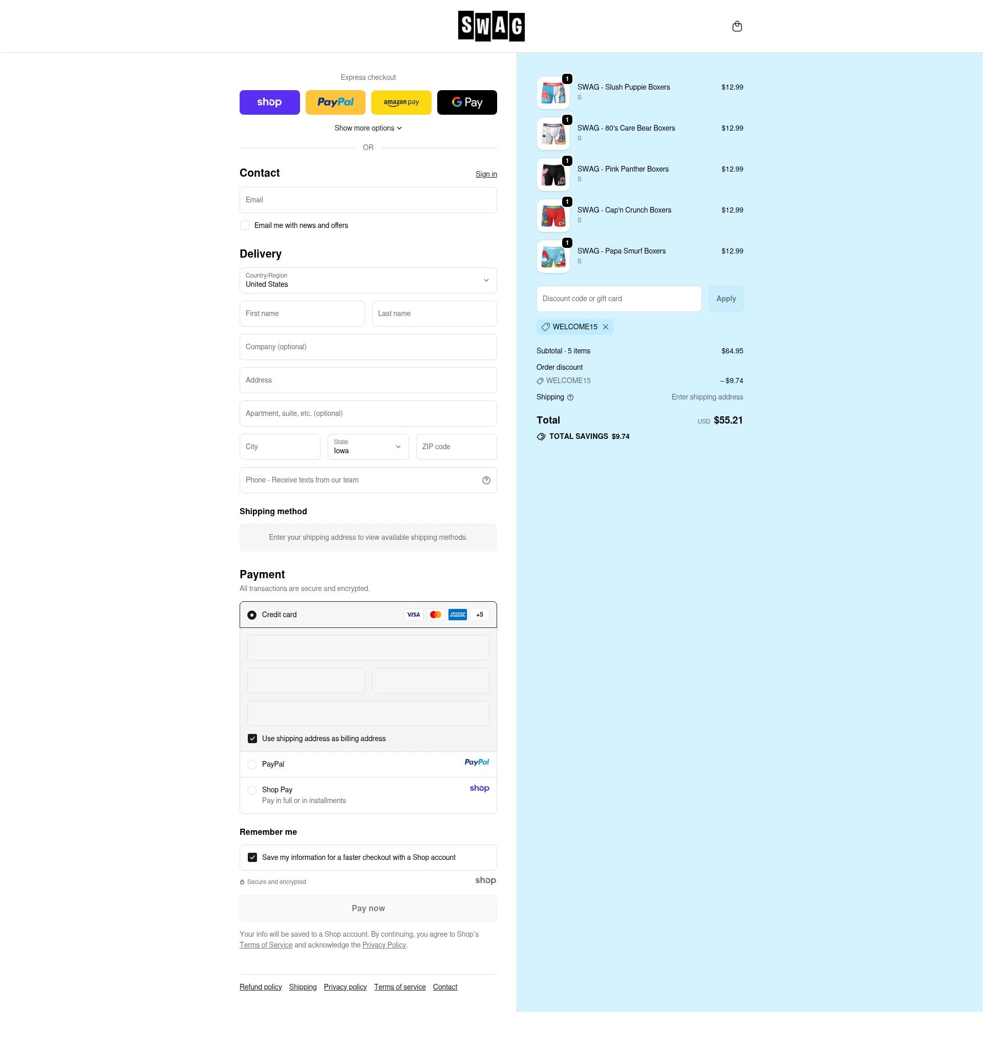 SWAG Boxers checkout page showing SWAG Boxers discount code box | Screenshot taken by SimplyCodes community member on Sep 24, 2025