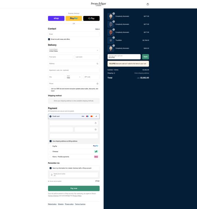 Swan & Edgar checkout page showing Swan & Edgar promo code box | Screenshot taken by SimplyCodes community member on Sep 12, 2025