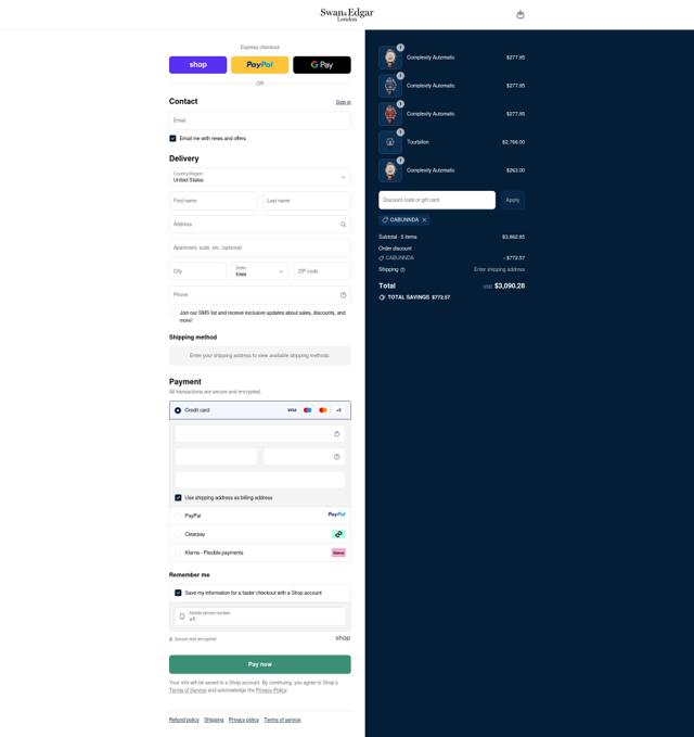 Swan & Edgar checkout page showing Swan & Edgar promo code box | Screenshot taken by SimplyCodes community member on Sep 12, 2025